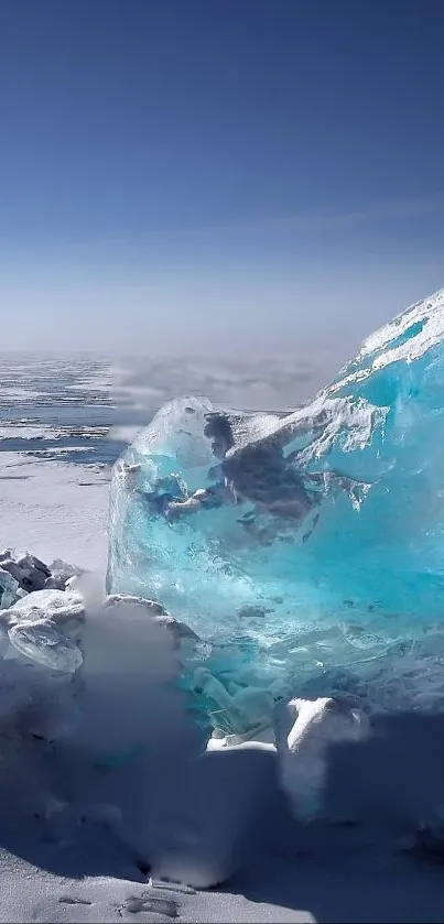 Vibrant ice landscape with clear blue tones and a serene winter sky for mobile wallpaper.