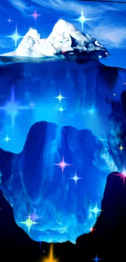 Colorful iceberg with stars in a vibrant blue underwater scene.