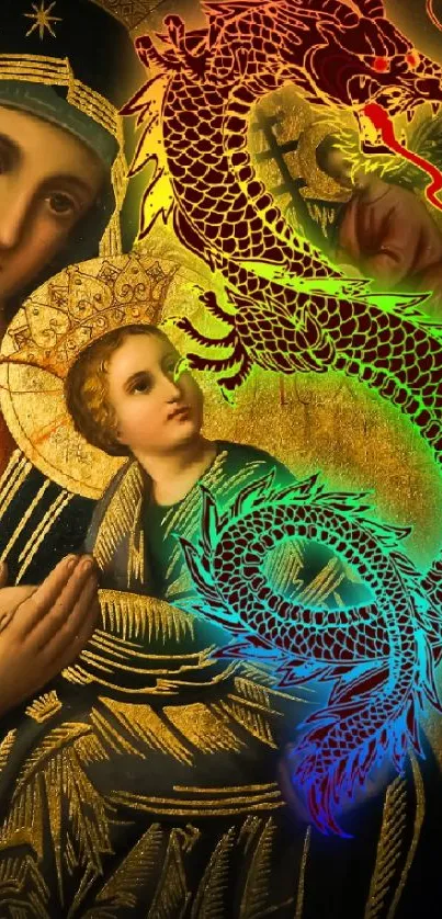 Iconic religious art with a colorful dragon on a gold background.