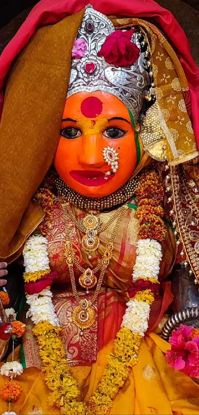 Colorful Indian idol with vibrant orange hues and traditional attire.