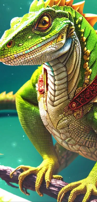 Vibrant iguana art with detailed texture on green background.