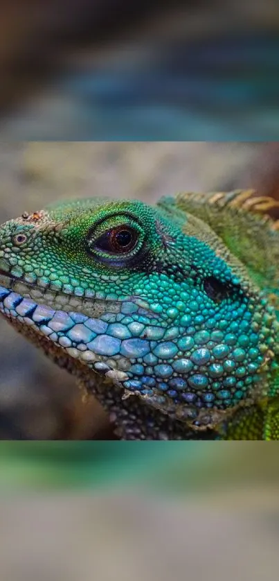 Close-up of a vibrant green iguana with textured scales.