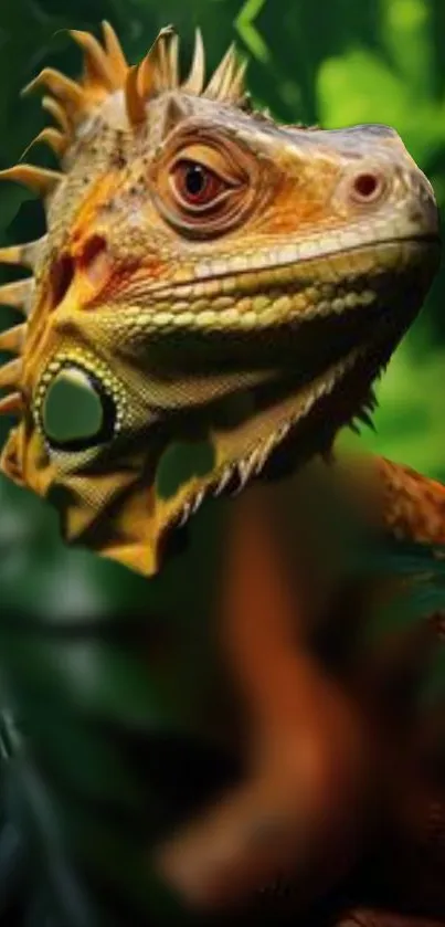 Close-up of an iguana in a vibrant jungle setting with lush green background.