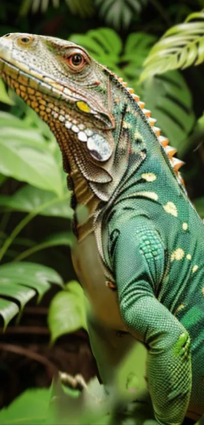 Green iguana on leaves in a jungle setting wallpaper.