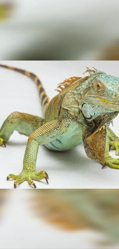 Close-up of a colorful iguana on a mobile wallpaper.