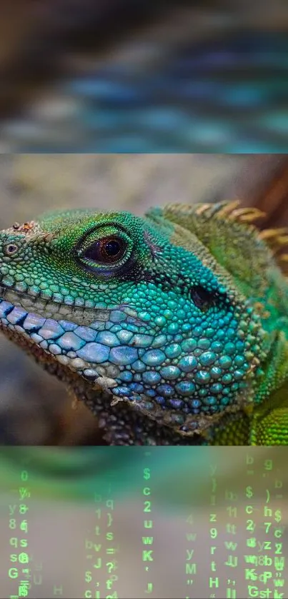 Vibrant iguana with textured skin and green hues on phone wallpaper.