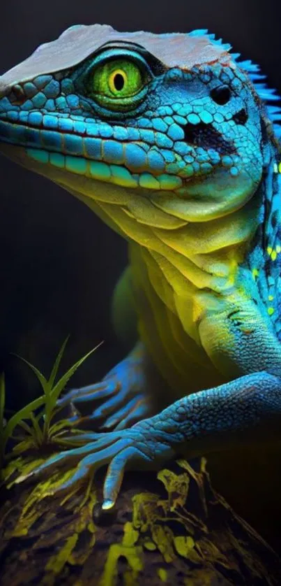 Vibrant iguana with blue and yellow hues on a mobile wallpaper.