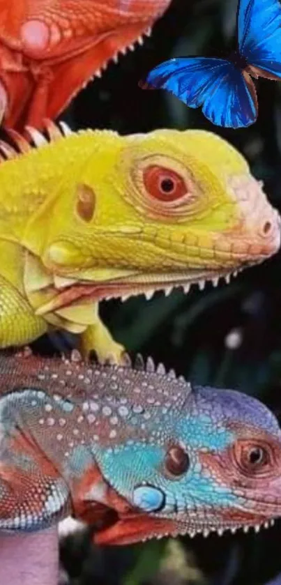 Vibrant iguanas with a blue butterfly in a colorful nature scene.