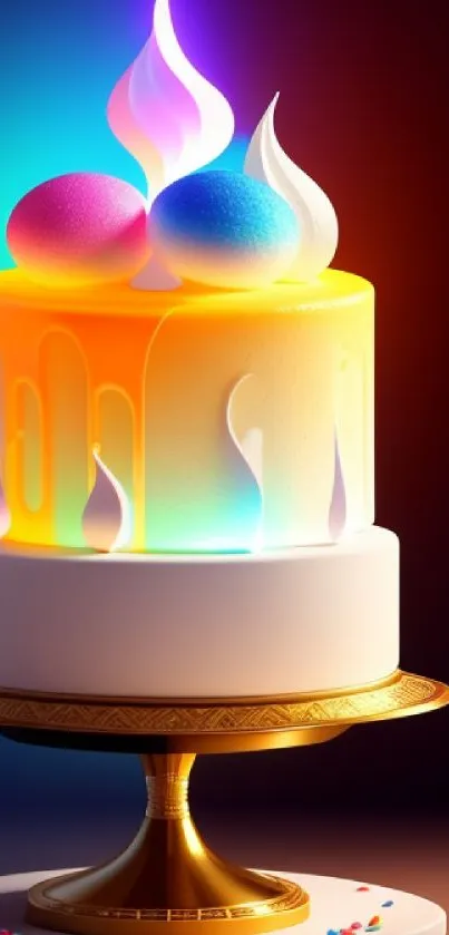 Vibrant digital artwork of a glowing, multi-tiered cake on a decorative stand.