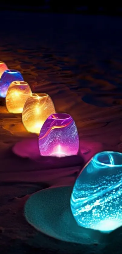 Vibrant glowing stones light up the dark in a colorful display.