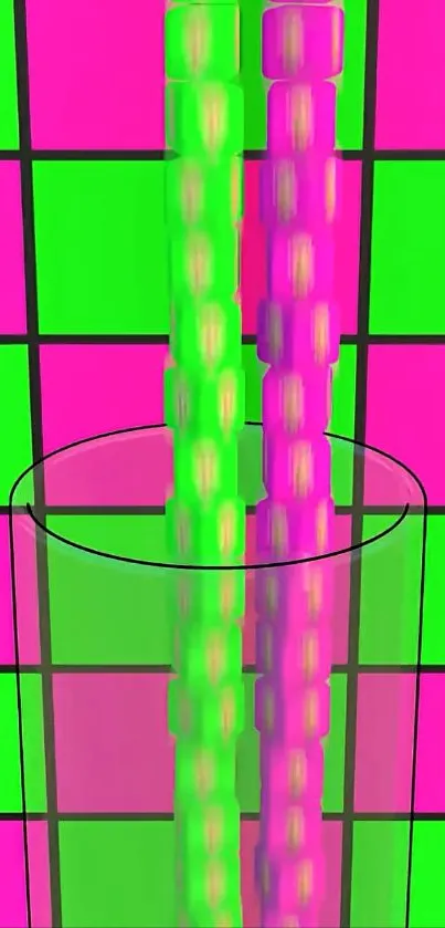 Neon-colored geometric illusion art wallpaper with vibrant patterns.