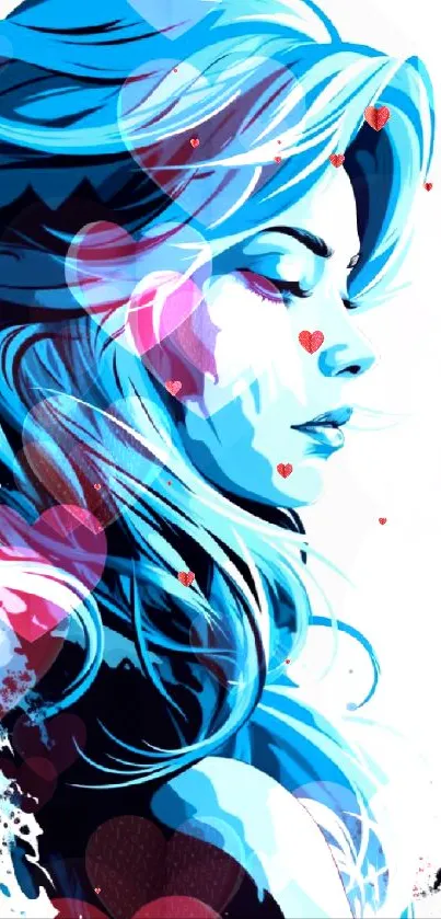 Vibrant blue portrait wallpaper with heart accents and abstract design.