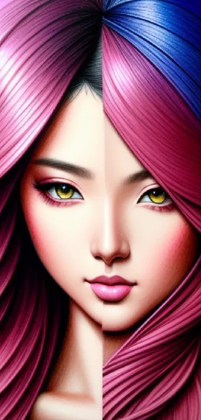 Illustrated woman with vibrant pink and blue hair.