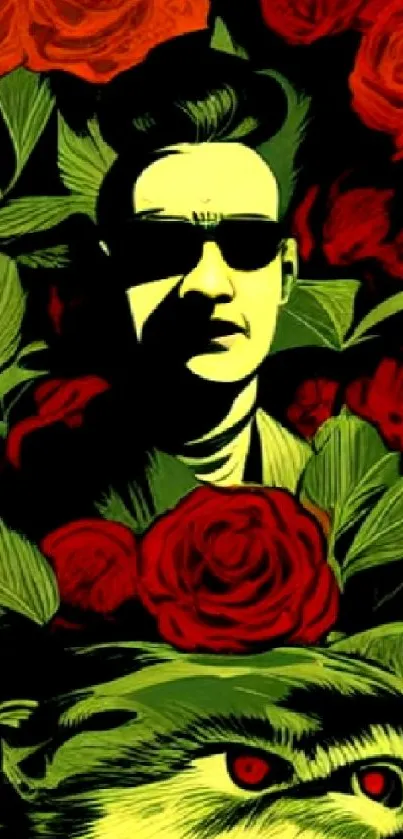 Dramatic artistic wallpaper with red roses and mysterious figures.