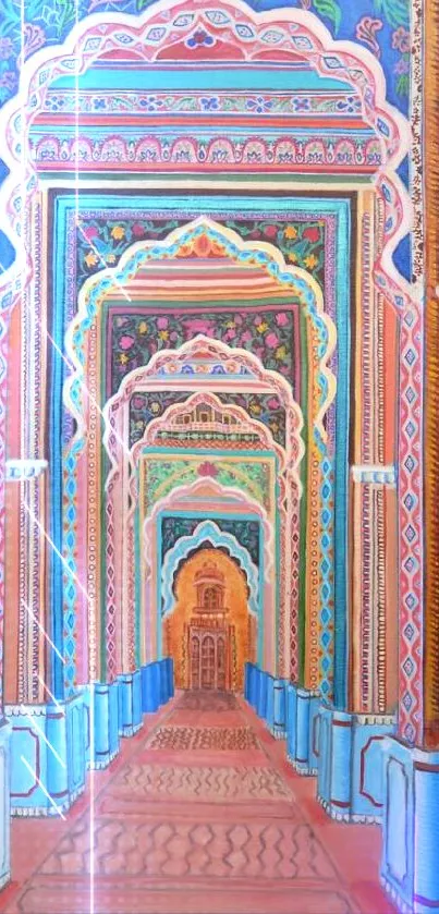 Intricately designed colorful Indian archway wallpaper.