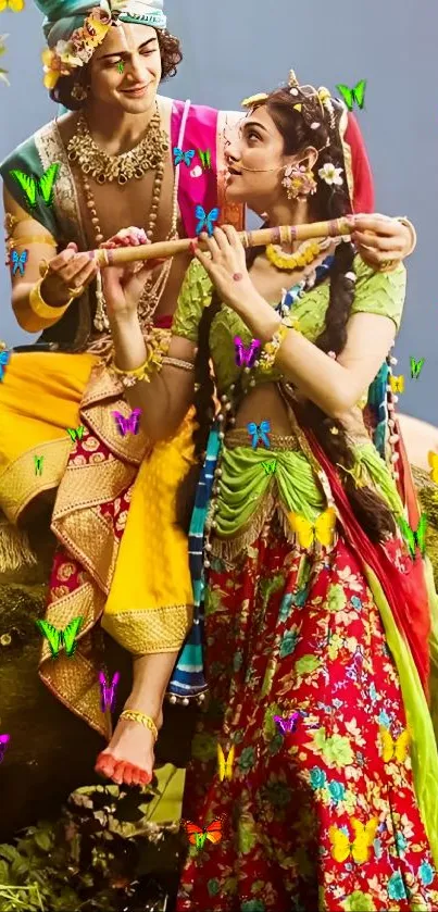 Vibrant Indian couple in traditional attire on a colorful wallpaper.