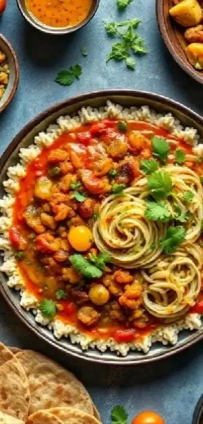 Colorful Indian dish with varied garnishes.