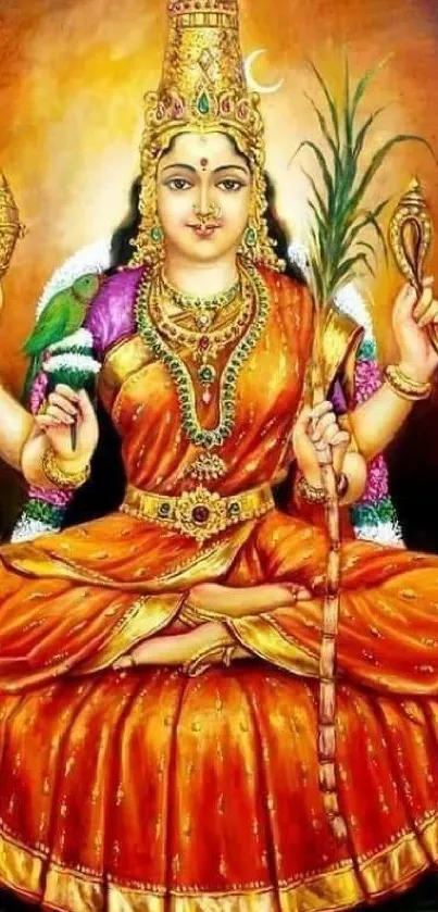 Colorful Indian deity wallpaper with a vibrant goddess in orange attire.