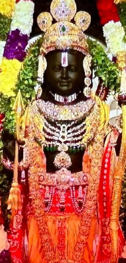 Colorful Indian deity adorned with jewelry and garlands.