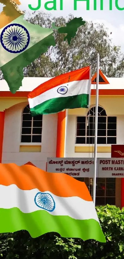 Mobile wallpaper featuring Indian flag and cultural building.