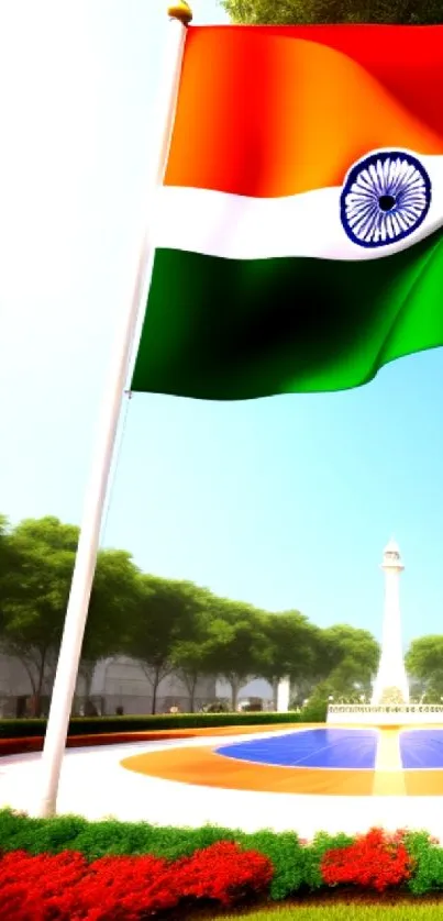 Indian flag waving with lush green backdrop.