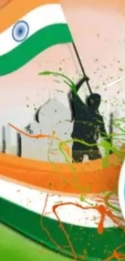 Silhouette raising Indian flag with green, orange, and white artistic elements.