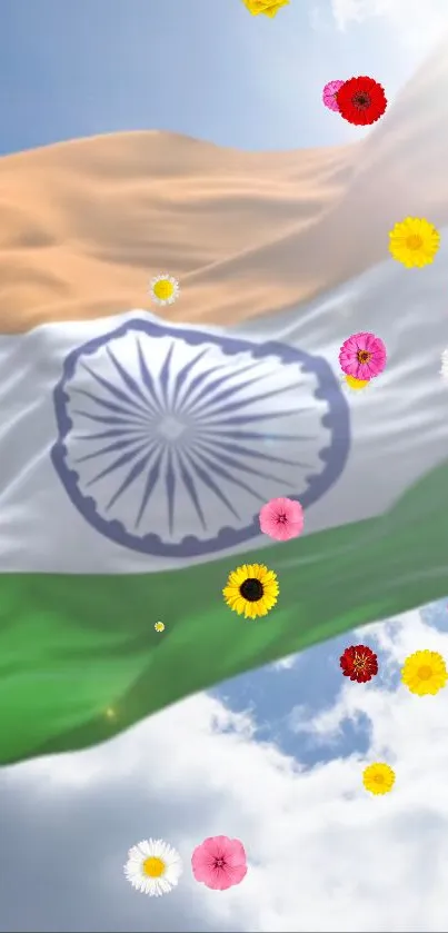 Indian flag and flowers against a blue sky background.