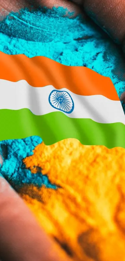 Vibrant Indian flag with colorful powder background.