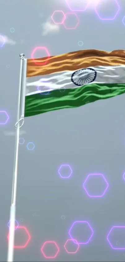 Indian flag against sky with hexagon lights effect.