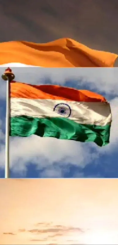 Indian flag waving against a blue sky wallpaper.