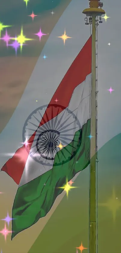 Indian flag with vibrant stars and a modern design backdrop.