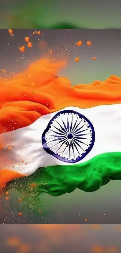 Vibrant Indian flag wallpaper with tricolor and Ashoka Chakra design.