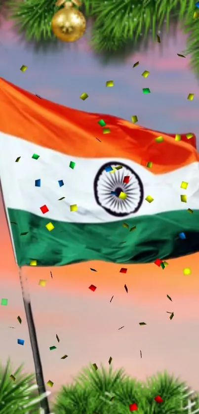 Vibrant Indian flag with festive confetti and green decorations.