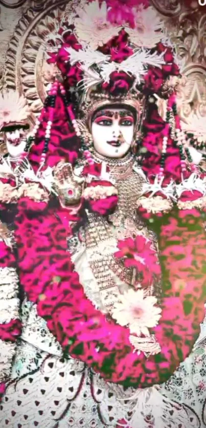 Intricate and colorful Indian goddess wallpaper with vibrant pink accents.