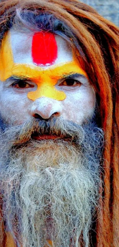 Vibrant portrait of an Indian Sadhu with colorful face paint and long beard.