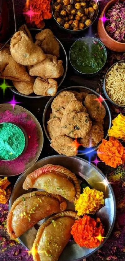 Colorful Indian snack spread with flowers and vibrant decor.