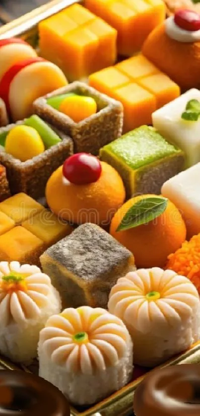 A colorful array of Indian sweets in a tray.