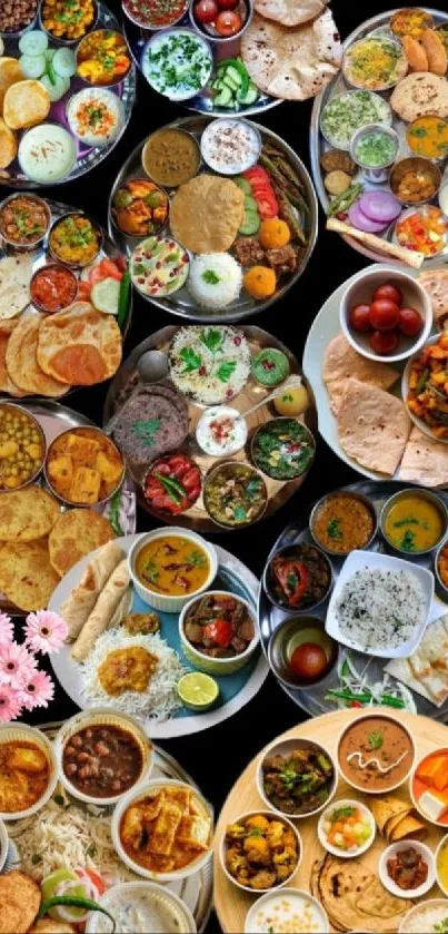 Vibrant assortment of Indian thali dishes on a black background.