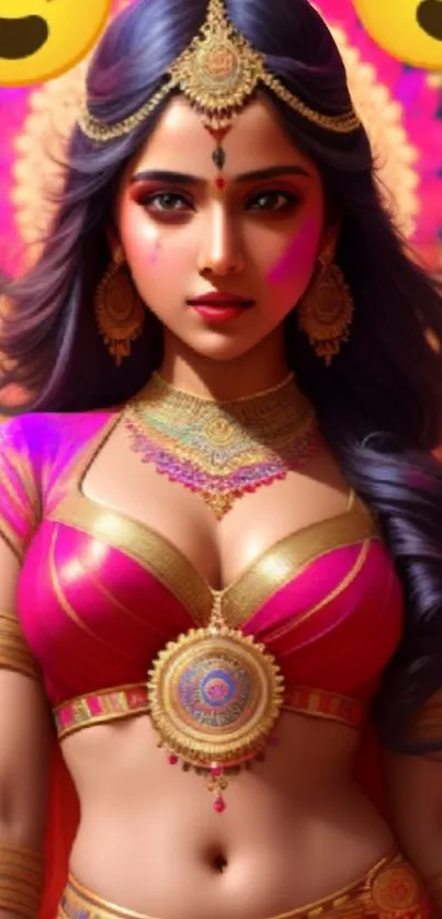 Vibrant Indian woman in traditional attire, rich in color.