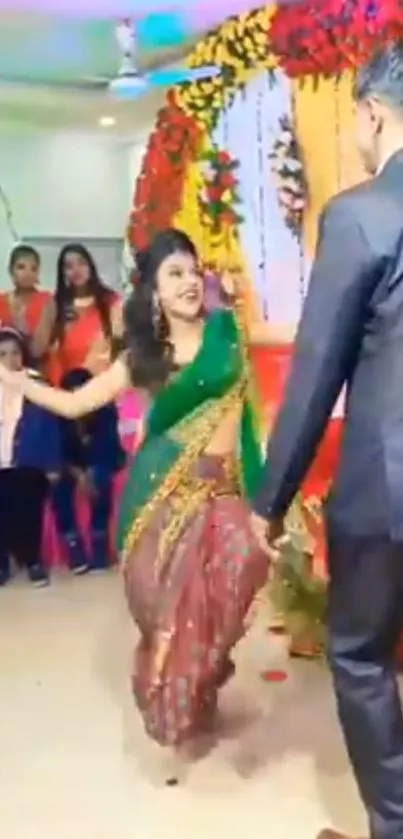 Indian wedding dance with vibrant attire.