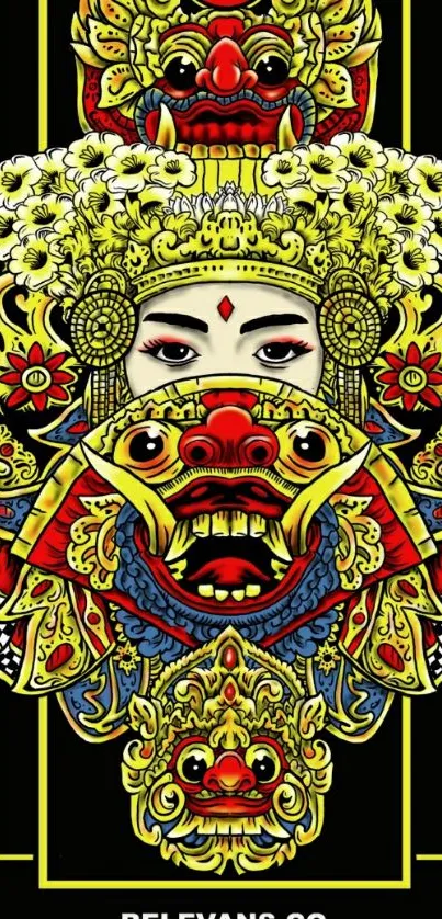 Intricate Indonesian cultural mask art in vibrant colors on a black background.