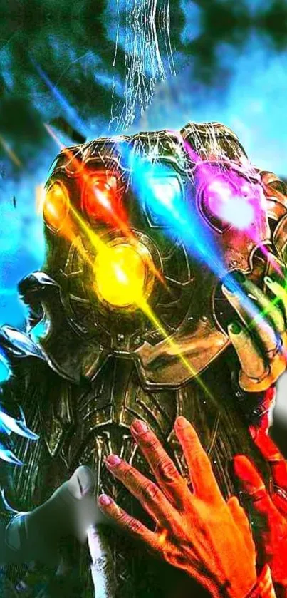 Vibrant Infinity Glove with glowing stones.