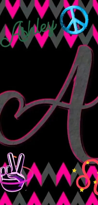 Mobile wallpaper with pink letter A and vibrant patterns.