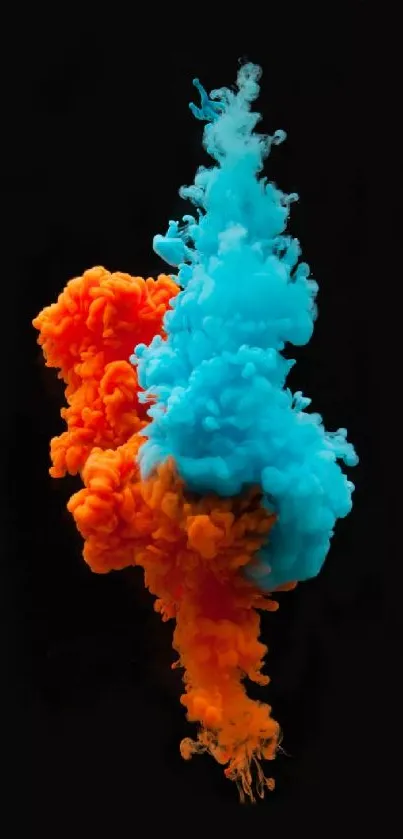 Vibrant orange and blue ink cloud on black background.