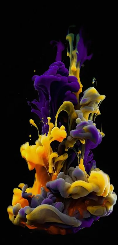 Vibrant purple and yellow ink swirling on a black background.