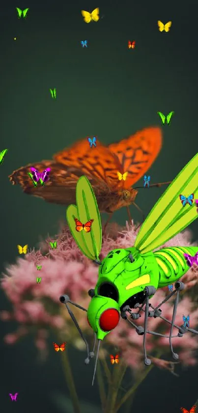 Vibrant green insect and orange butterfly on pink flowers.