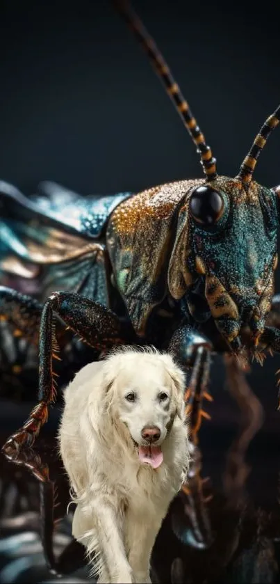 Vibrant insect with white dog in vivid wallpaper.