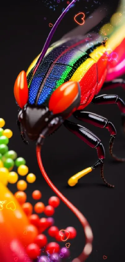 Vibrant rainbow insect on abstract black background.