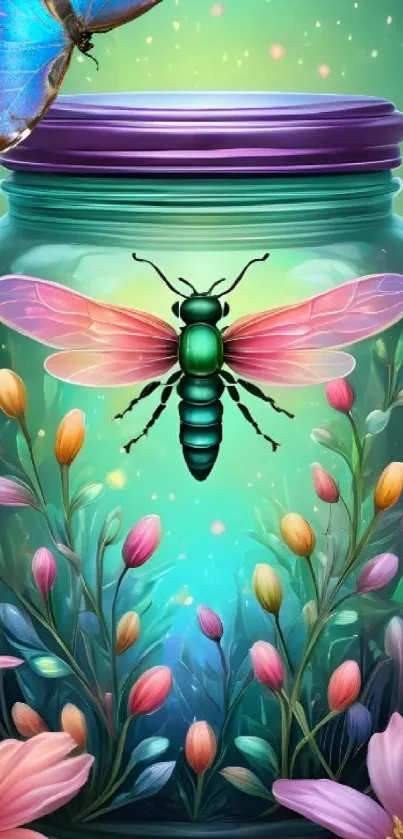 Vibrant insect in a floral jar with colorful backdrop.