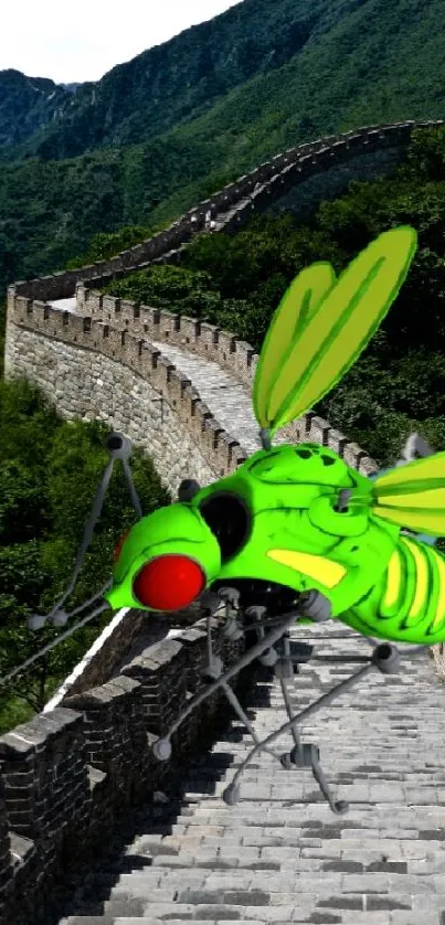 Vibrant green insect on the Great Wall background.